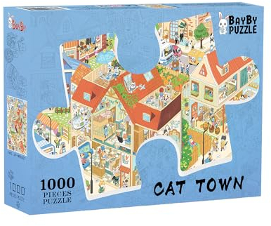 BAYBY Cat Town 1000-teiliges Puzzle, Puzzles für Erwachsene, Kunststoff-Puzzles für Familie oder Kinder, kein Staub, 74,9 x 50 cm, Illustrationspuzzle, einzigartiges Stück, lustiges