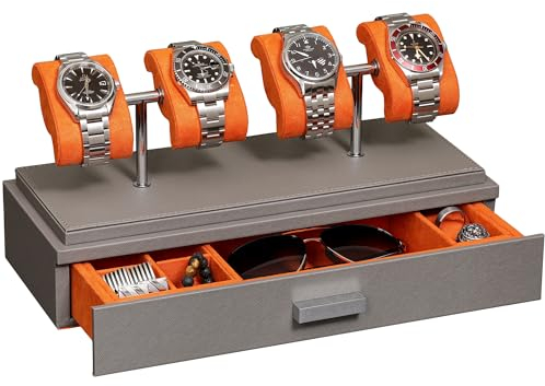 ROTHWELL Luxus-Uhren-Vitrine für 4 Uhren - Uhrenbox aus Leder mit Acryl-Abdeckung und abnehmbaren Einschubkissen - Zubehörschublade mit mehreren Konfigurationen (Grau/Orange)