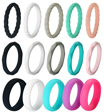 JewelryWe 15pcs Silikon Ringe für Frauen: 3mm Damen Stapelbare Silikonringe Gummi Hochzeit Bands Gummibänder Stapelringe Eheringe Verlobungsringe für Sport und Outdoor, 15 Stück Set, Größe 54