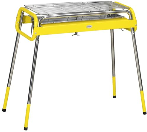 Outsunny Holzkohlegrill, BBQ Grill, Klappgrill mit 2 Grillrost, Grillplatte, klappbare Beine, herausnehmbare Kohleschale, Campinggrill, Edelstahl, 85 x 43 x 72 cm, Gelb