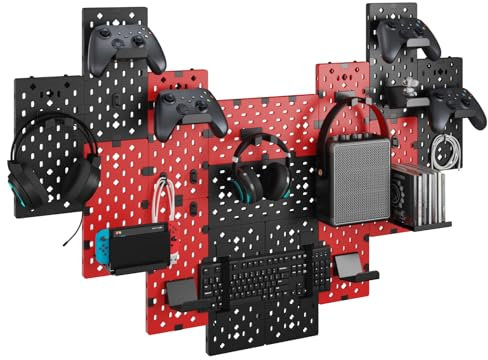 PEGZONE Controller und Kopfhörerhalter Wandhalterung, Modulare Gaming Stecktafel mit Zubehör, Controller Ständer für Xbox PS5 PS4 Switch, Videospielspeicher, Disc Regal, 14pcs Stecktafel, Schwarz &