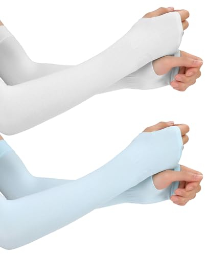 PORUPAEL 2 Paar Ärmlinge für Damen Herren Jugend, Arm Ärmel mit UV Sonnenschutz, Tattoo Abdeckung Armstulpen, Kühlende Armabdeckung, Kompression Armschoner (Weiß+Blau)