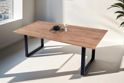 Bett11 SAM B-Ware Esstisch 300 x 100 cm Brügge, Esszimmertisch naturfarben, Akazienholz massiv, U-Gestell aus Metall Schwarz, gerade Kanten