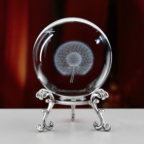 QIANCHANG 6,1 cm große Pusteblumenkugel mit Ständer, Löwenzahn in Glaskugel, Löwenzahn, Briefbeschwerer, Kristalldekorationen für Zuhause