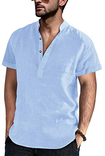 Runcati Men's Henley Shirts Summer Short Sleeve Casual Shirt Collarless Stand-Up Collar Business Shirts