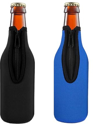 2 Pack Insulated Beer Bottle Covers, Neoprene Zipper Sleeves for Bottle Protection, Anti-Shatter Design for Bars, Parties, Picnics, and Outdoor Events, Includes Black and Blue Options