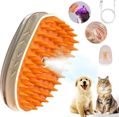 Steamy Cat Brush 4-in-1 Steamy Cat Brush Self Cleaning with Cats Moss Lamp, Rechargeable Pet Steam Brushes for Long Short Haired pets Cats Dogs Rabbits (UV + Vibration)