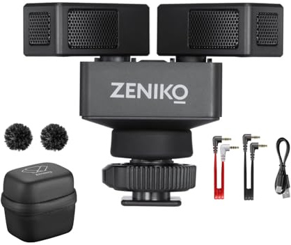 ZENIKO OC-D1 Stereo On-camera Microphone Dual 180° Rotatable Mic Cardioid Directivity Shotgun Mic with Low-cut Filter