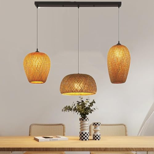 CNMKLM Boho Pendelleuchte Rustikale Esstisch Hängelampe Handgeflochtener Rattan-Korb Küsten-Esszimmerlampe 3 Lichter Bauernhaus Wicker Hängeleuchte Kücheninsel Esszimmer Schlafzimmer Pendellampe(B)