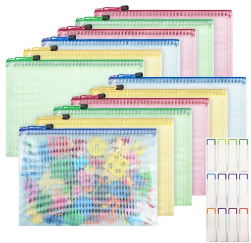 12Pcs Plastic Wallets with Labels, A4 Zip Lock Folders, Waterproof Mesh Document Bag for School Office Travel, Colorful Zipper Pouch Pocket for Bill Luggage Homework Jigsaw Storage