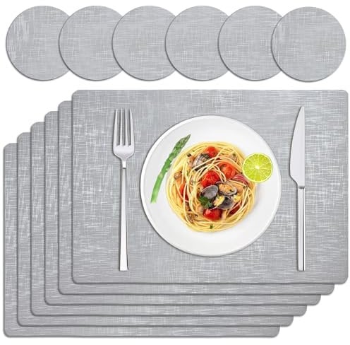 TOPAHGOD Faux Leather Placemats and CoastersSet of 6, Square Non-Slip Heat Resistant Indoor and Outdoor place mats, Dual Sided Washable Table Mats and Coasters Set of 6 for Kitchen and Dining (Silver)