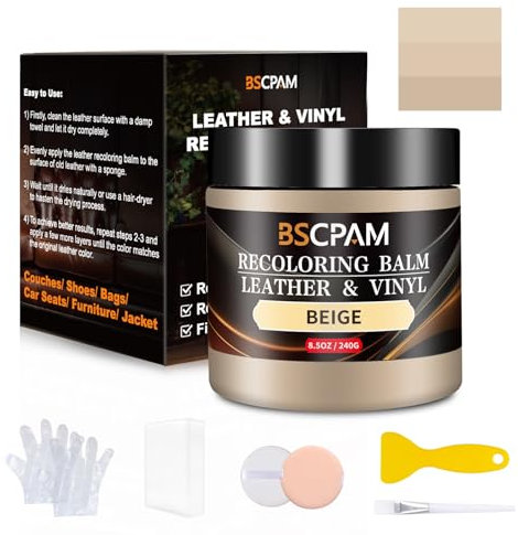 BSCPAM Kit Reparation Cuir Beige,Balsam pour Recoloriage Cuir,Peinture Cuir Liquide,Vinyle Teinture Cuir Réparation pour Canapés,Sièges Voiture,Chaussures,Selle,Blouson en Cuir Griffures/Taches