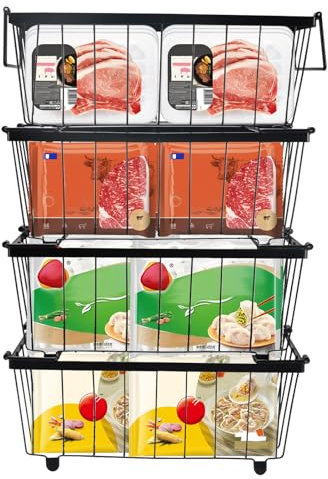 Lot de 4 Panier Congélateur Coffre,Panier Rangement Congelateur Empilables, Rangement Congelateur Coffre Poignée Pliable, Paniers Congelateur de Patin Antidérapant (34 × 18 × 14 cm)