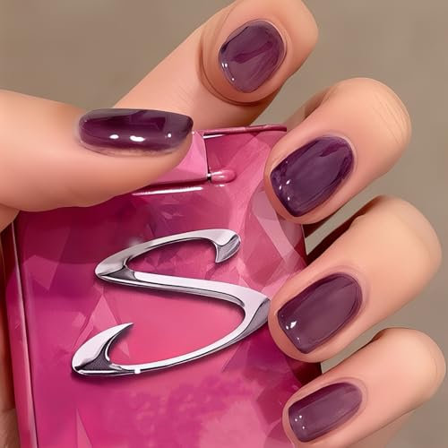 Short Square Dark Blue False Nails Glossy Pure Color Collection,24Pcs Full Cover Acrylic Stick on Nails with Jelly Glue for Women Girls Nails Art (Dark Purple)