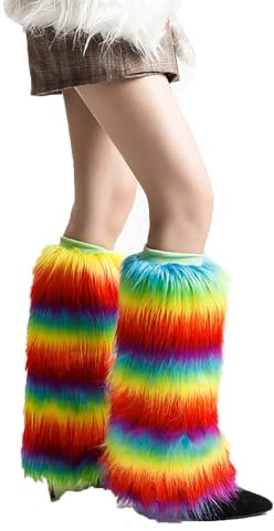 Rainbow Furleg for Women Warmers White Solid Color Fluffy Leg Warmers Knee-Length Furboots Ladies Fashion Sexy Furry Boots Fuzzy Cozy Thigh High Stockings for Mini Skirt, Fur Coats and Co Ord Tops Y2k