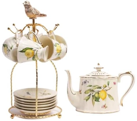 AIXILAN Porcelain Espresso Cups Set,14 Pieces Cup and Saucer Set Tea Sets with Teapot Vintage Porcelain Tea Set for Adults Coffee Cups and Saucers Old Country Roses Teapot