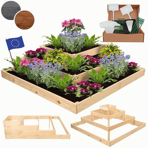 MODO24 Hochbeet, Kräuterbeet, Gartenbeet, Pflanzbeet, Blumenbeet, Stufenbeet, Holz Stufen Treppe, für Garten und Terrasse, Kiefernholz, Massivholz, Abmessungen 36x119x119 cm, Farbe: Natur