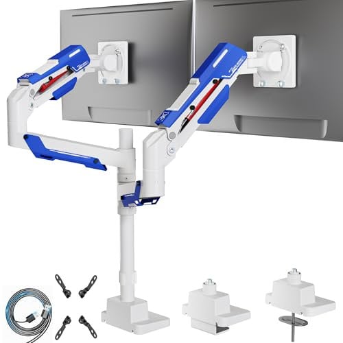 ARES WING Dual Monitor Mount, Adjustable Stacked Monitor Stand with USB A/C, Heavy Duty Gas Spring Monitor Desk Stand for 2 Monitors for 24-57 Inch Ultrawide Screen, 75/100/200 Vesa Mount, White