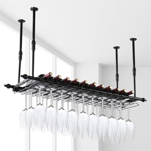 Dernoing Suspendu Casiers à bouteille et Porte-verres Hauteur RéGlable, Porte Bouteilles en Métal, Montage au Plafond Paniers à Vin pour Famille Cuisine/Restaurant Hôtel/Bar (BK, 120x30x(30-60) cm)