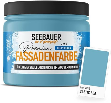 SEEBAUER diy Universal-Fassadenfarbe Blau 300ML für Außen (No. 813 Blue Ridge) Hoch deckende Fassadenfarbe mit Wetterschutz - Geeignet für Putz, Mauerwerk und Beton