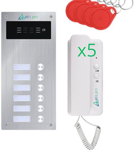 Kit interphone Audio 2 Fils pour immeuble – Anti-vandalisme avec Lecteur RFID – Kit Complet avec combinés et Alimentation – Installation encastrée ou en Surface – Très Facile à Installer