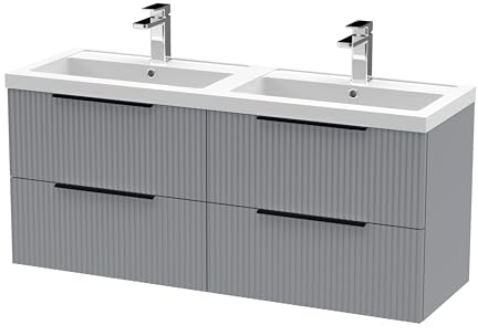 Balterley Vanity Unit with Basin Wall Hung, 4 Drawer Soft Close with 2 Rectangular Sink and Handles, Bathroom Vanity Units with Basin, Fluted Front Sink Cabinet - 1205 x 383 x 540mm (Grey)