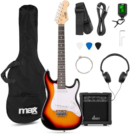 Max GigKit Junior 3/4 - Kinder E Gitarre Set, E Guitar, Elektrogitarre mit Verstärker 20 Watt, Tasche, Plektrum, Kopfhörer, Gurt, Stimmgerät, Kabel, Saiten, Electric Guitar, E Gitarren Set - Sunburst