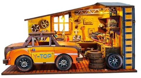 3D Wooden Miniature Dollhouse Model Kit, Car Garage DIY Scene Diorama, Creative Desktop Ornament & Gifts (200+ Pieces)