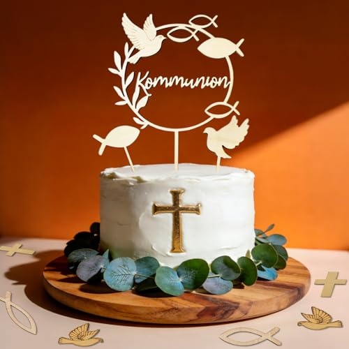 35 Stück Kommunion Deko Holz Set - Tortendeko Kommunion Cake Topper & Streudeko Fische Kreuz Taube für Junge Mädchen - Kuchen Deko für Taufe & Konfirmation