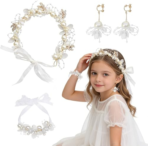 3 Stück Haarschmuck Kommunion Mädchen Set - Weißer Blumenkranz Haare mit Ohrringe & Armband - Perlen Haarkranz Kommunion Mädchen - Blumen Haarschmuck Hochzeit für Braut & Blumenmädchen