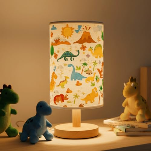 OEWWSKK Dinosaur Lamp, Dinosaur Lamps for Boys Room, 3 Colors Nightstand Light Lamp, Round Wood Base Flaxen Fabric Desk Lamp for Kids Room, Dino Lamp Gift for Boys (LED Bulb Included) (Dinosaurs)