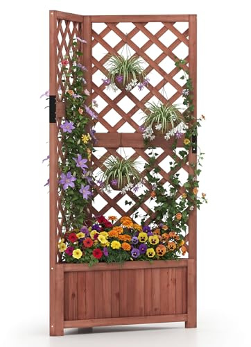 GOPLUS Pflanzkasten mit Rankgitter, Eck Gartenbeet mit Spalier, Gartenspalier für Blumen & Kletterpflanzen, Blumenbeet aus Holz mit Drainageloch, Blumenkasten für Terrasse, Hof & Balkon (Braun)