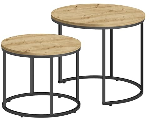 Couchtisch rund 2er Set für Wohnzimmer – Beistelltische im Loft-Design, ineinander schiebbar, Sofatische aus Holzwerkstoff und Stahl, modern, platzsparend (Artisan Eiche - Schwarz)