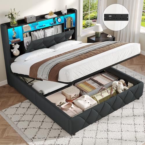 Brinlawb 4ft6 Double Ottoman Bed Frame with Charging Station & LED Lights, Double Bed Frame with Hydraulic Lift Mechanism, Upholstered Storage Headboard, Lift-Up Underbed Storage, Easy Operation, Grey
