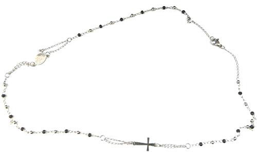 Moda Mavilla Halskette Rosenkranz aus Stahl schwarze Perlen 4 mm Größe 47 cm Handarbeit Made in Italy, Legierter Stahl, Kein Edelstein