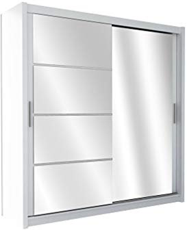 Furniture24 Kleiderschrank Brandon 150 Schlafzimmer 2 Türiger Schwebetürenschrank Schrank mit Kleiderstange 8 Einlegeboden Weiß/Weiß Glas