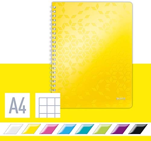 Leitz WOW Collegeblock in A4 Format, 80 Blatt, Kariert, Elfenbeinfarbiges Papier (80 g/m2), Spiralbindung, Gelb, WOW, 46380016