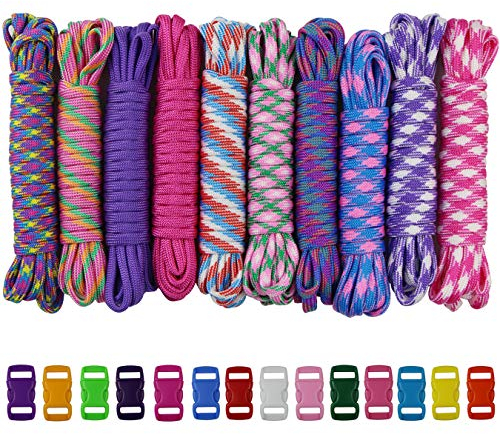 aufodara Kit Paracord 100 Piedi 10 Colori Corda di Paracord con 14 Colore Fibbie in Plastica Paracadute Corda Fai da Te da intrecciare a Mano Braccialetto, Cordino, Collare per Cani (C-24PCS)