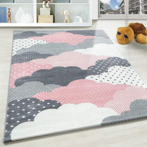 SIMPEX KinderTeppich, Wolken Design, Teppich Rosa, 160 x 230 cm, Teppich für Kinder, Teppich Kinderzimmer