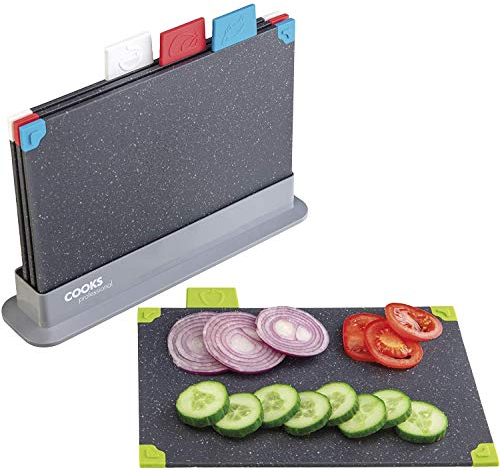 Cooks Professional Index Chopping Board Set | Set of 4 Non Slip Chopping Boards with Stand | Cutting Boards with Colour Coded Tabs for Fruit & Vegetables, Cooked Food, Raw Meat & Fish | Dark Grey