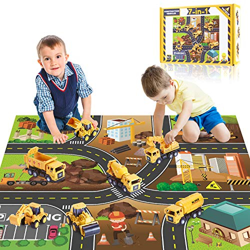 Yetech 7-1n-1 Construction Vehicles Toys Set with Play Mat - 7 Sturdy Engineering Trucks Toys, 27.6 * 31.5inche Play Mat, Christmas Birthday Gift for Toddlers Boys 3 4 5 6 7 Years Old