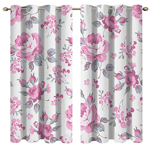 BOYOUTH Rideaux occultants à Motif Feuilles Grises et Fleurs Roses avec œillets pour Salon, Chambre à Coucher, 2 Panneaux, 135 x 245 cm