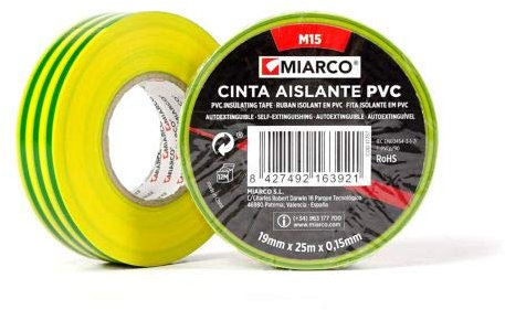MIARCO 17757 - Cinta aislante de PVC M15 Toma Tierra (Amarillo/Verde) 19mm x 25m x 0,15mm