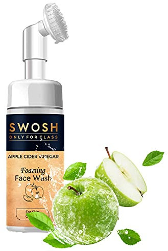 SWOSH Apfelessig (Apfel-Extrakt) schäumendes Gesichtswasser für akneanfällige & fettige Haut - ohne Parabene, Sulfate, Silikone & Farbstoffe (mit integrierter Gesichtsbürste), 100 ml.