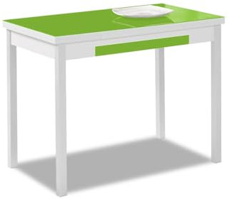 ASTIMESA - Mesa de Cocina Extensible con Tapa de Cristal, con 2 Alas y Cajón - Estructura de Metal Blanco - Color: Verde - Mesa Cerrada: 100 cm x 60 cm. Mesa extendida: 150 x 60 cm