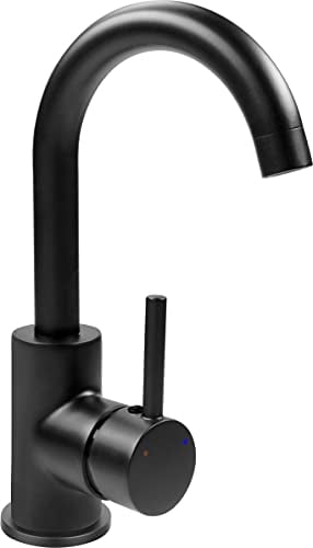 Cornat Waschtisch-Einhebelarmatur Noir - Black Edition - Matt schwarzer Messingkörper - Mühelose Schaftbefestigung - Mit Ablaufventil / Wasserhahn fürs Bad / Waschbecken-Armatur / NERSH1