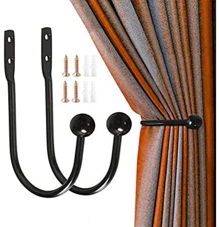 Pair of Aluminum Rust Proof Stylish Curtain Hold Back Metal Tie Tassel Arm Hook Loop Holder U Shaped -curtain tie backs and curtain hooks Drapery Holdbacks with Screws to Fixed Curtain (Painted Black)