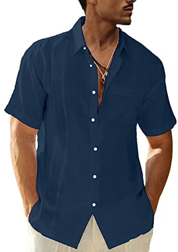 LVCBL Linen Mens Shirt Casual Shirts Short Sleeve Regular Fit Shirt Sea Blue L