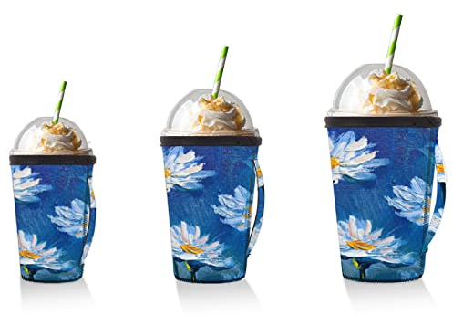 Lot de 3 paquets de gobelets réutilisables en néoprène Motif marguerites pour tasse à café chaud et glacé (16,24,32 g)