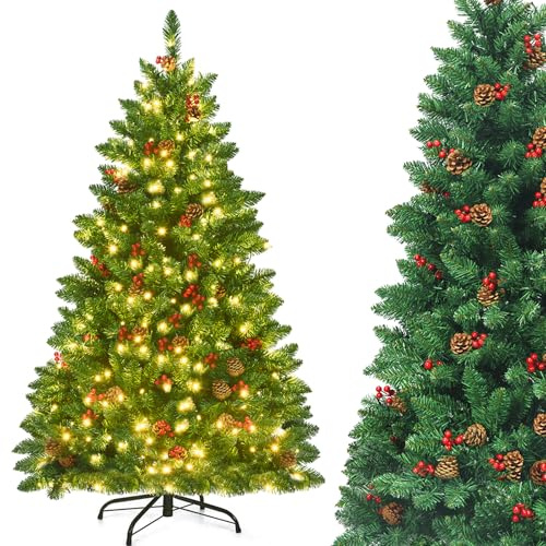 GYMAX Sapin de Noël Artificiel 135cm Lumineux LED, 300 Lumières Blanches Chaudes, avec Pommes de Pin et Baies Rouges Décoratifs, Montage Facile en Sections